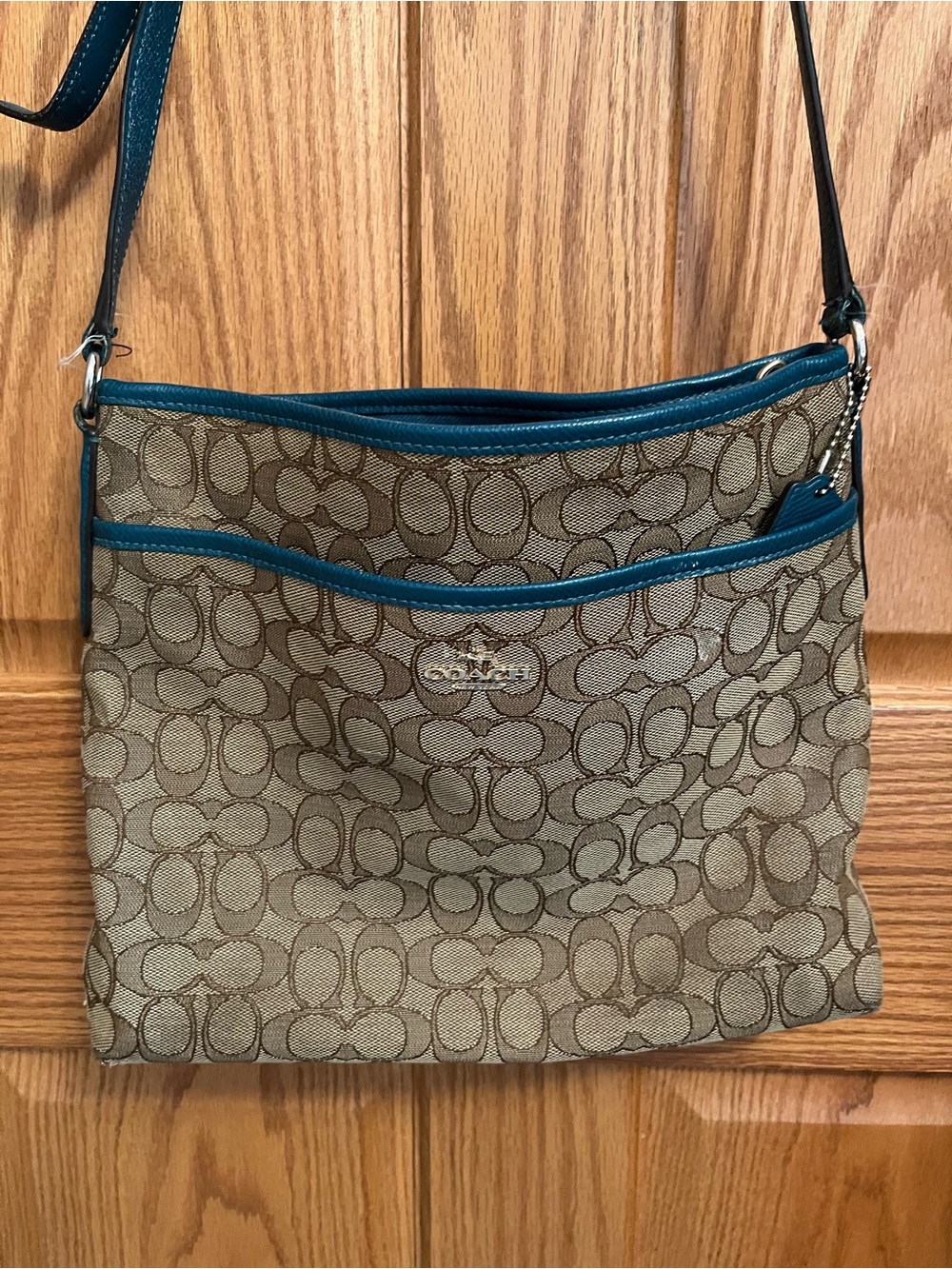 Coach Brown Signature Canvas Crossbody with Teal Trim